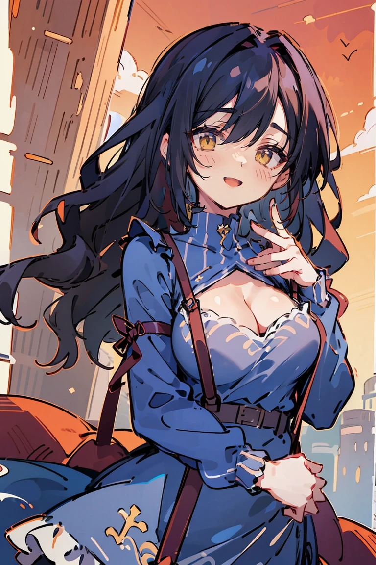 (masterpiece:1.2), (high quality:1.2), (hui xiyi:0.6), rekkyo sensen, rekkyou sensen, girls with((black hair, (tits cleavage:1.15), (breasts close up:1.15), (suspenders:1.2), (dress:1.65), bangs, (blue clothes:1.05), (belts:0.7), (frills shirt:1.2), (white knit sweater:1.2), (frills camisole:1.2), exposed breasts, straps, (cross:1.05), (long wavy hair:1.2), (one side up:1.2), nun, long sleeves, (perfect hands:1.05), (five fingers:1.05))), background with((fantasy world, ruin, castle, beautiful sky, shining sky, sunshine))