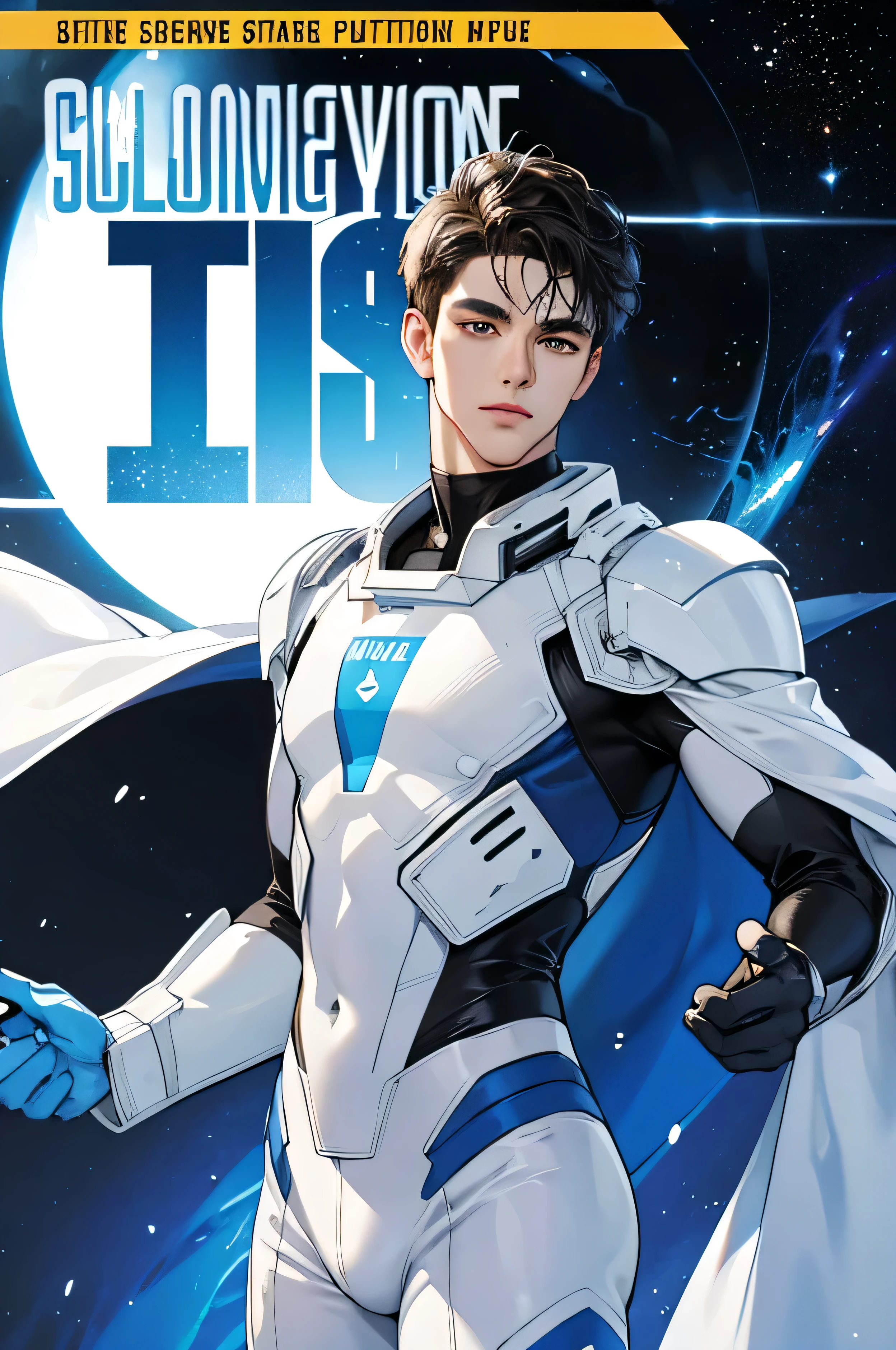 Handsome cyborg, 28 years old. brown eyes future universe science fiction The background is the galaxy universe The white and blue latex outfit was very tight. plug set glove Looking at the camera big white belly very short, Cropped black hair scinece Magazine cover Magazine cover magazine cover style face close up