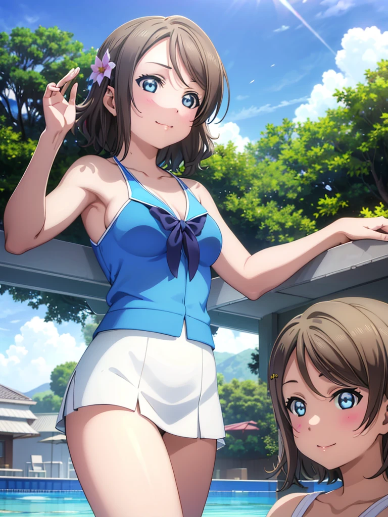 masterpiece, Highest quality, 8k wallpaper, alone, Watanabe Yo, smile , Sexy Bikini、Swimsuit only, (Soft Bust:1.2)、nature(Large Breasts)、Swimsuit, upper body, (Blue summer sky:1.3)、1 flying machine cloud、(Avoid the background around the upper body:1.3)、(Blur the background a lot to make the woman stand out:1.3)、(Beautiful background of the poolside on the beach:1.3)、(Beautiful summer flowers)、