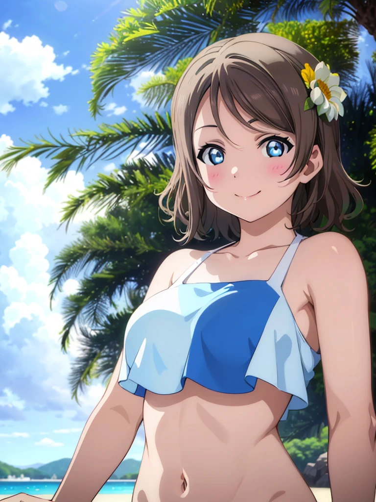 masterpiece, Highest quality, 8k wallpaper, alone, Watanabe Yo, smile , Sexy Bikini、Swimsuit only, (Soft Bust:1.2)、nature(Large Breasts)、Swimsuit, upper body, (Blue summer sky:1.3)、1 flying machine cloud、(Avoid the background around the upper body:1.3)、(Blur the background a lot to make the woman stand out:1.3)、(Beautiful background of the poolside on the beach:1.3)、(Beautiful summer flowers)、