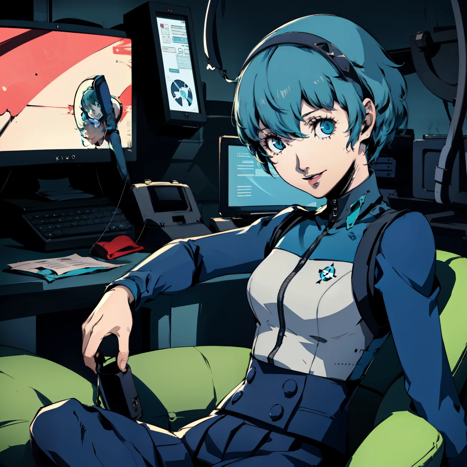 ((P3 Yamagishi Fuuka)),masterpiece, ((best quality)),((1 girl)), blue eyes, light aqua hair, female , tomboy Pixie haircut, deep blue suit,smiling,hacker,in the,dark room,sitting,looking monitor,long skirt,cute
