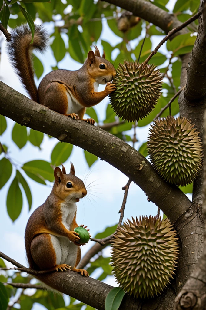 Two squirrel eating durian in tree