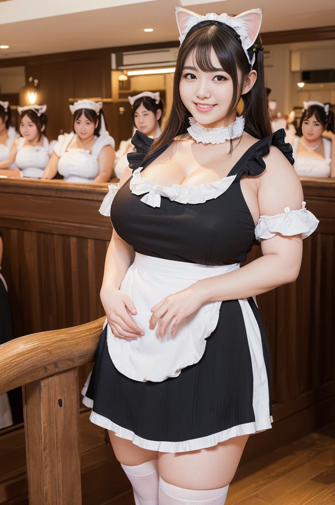 (8k, ultra-high resolution, highest quality, masterpiece:1.2), ultra-realistic, (realistic, photorealistic:1.37), (realistic skin:1.2), ultra-detailed, Canon EOS RP, 8k, Korean mature woman, smiling, (((super curvy,))) ((super voluptuous,)) ((full body shot)), thick ankles, (((maid cafe))), (((crowd of maids))), (((cat ears, cat tail))),