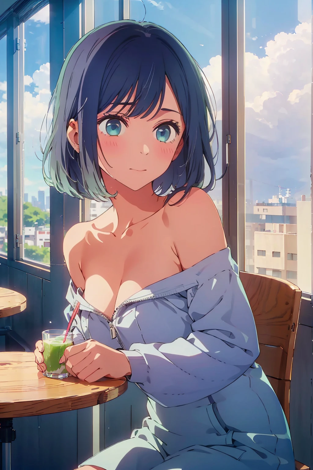 (Highest quality:1.4、8K:1.4、detailed)、F cup bust、Big Breasts、Slim body、Very white beautiful skin、((((1 person、smile、Surprised expression、sit、Chair、 the background are the urban buildings of Tokyo、looking at the camera、Indoor cafe terrace、Navy hair color、juice、Shooting up close、table、Very cute face))))、((nude、Areola))、(Hands tuck hair behind ears:1.4)、Very blue sky、A completely cloudless sky、Off-the-shoulder zip-up jacket