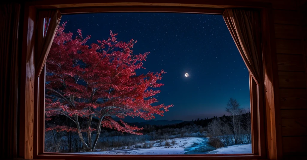 A moon light cabin light window from insid tree around sky red night sceen watter fall  falling dawn berd flying 