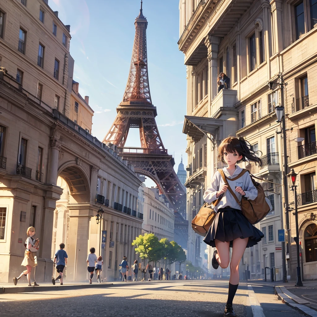 I want a picture of 15-year-old students carrying bags and running down a street with the Eiffel Tower behind them