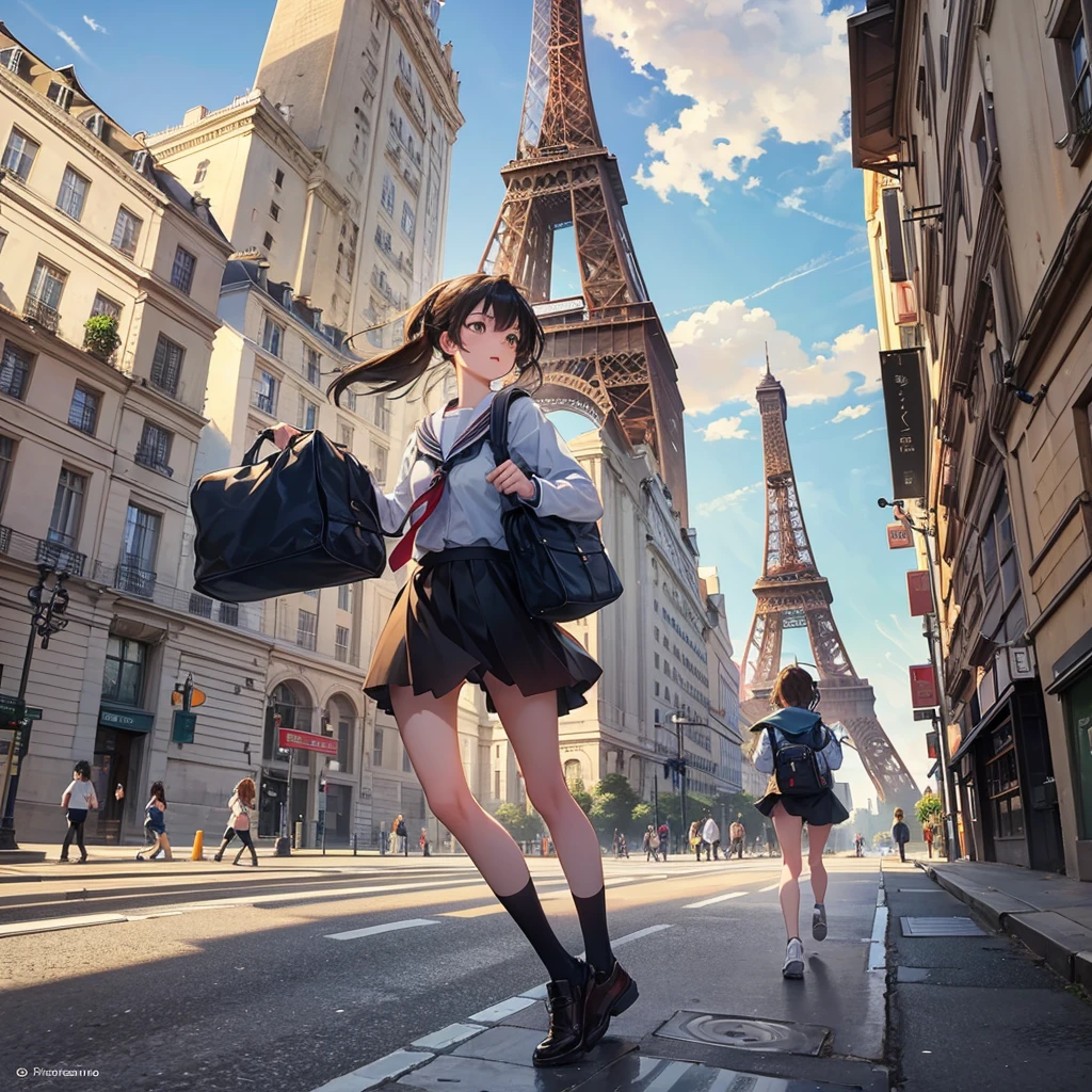 I want a picture of 15-year-old students carrying bags and running down a street with the Eiffel Tower behind them 