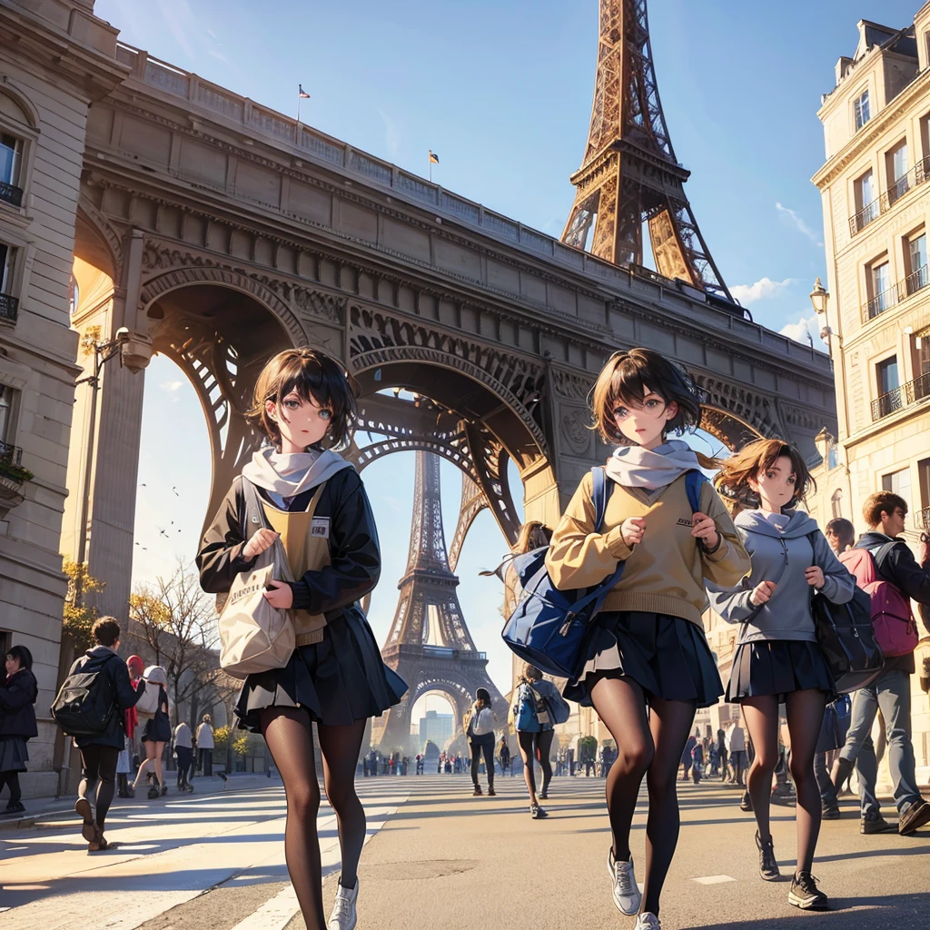 I want a picture of 15-year-old students carrying bags and running down a street with the Eiffel Tower behind them