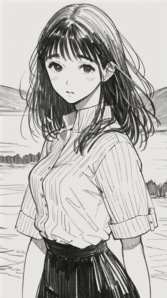 One Girl,Line art,Monochrome,sketch,Pencil drawing,Traditional Media,One Girl, skirt,Cute  Girls, ,Beautiful portrait、Delicate body、Black Hair、Black Hair,landscape