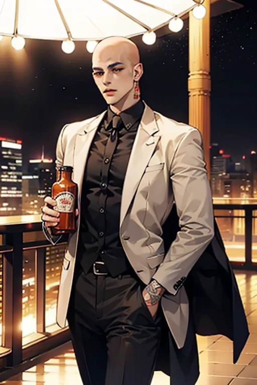 Baldhead,male,Red pupil,earrings,Showing chest muscles,Tattoo,suit,trousers,walk,night,Chili sauce bottle