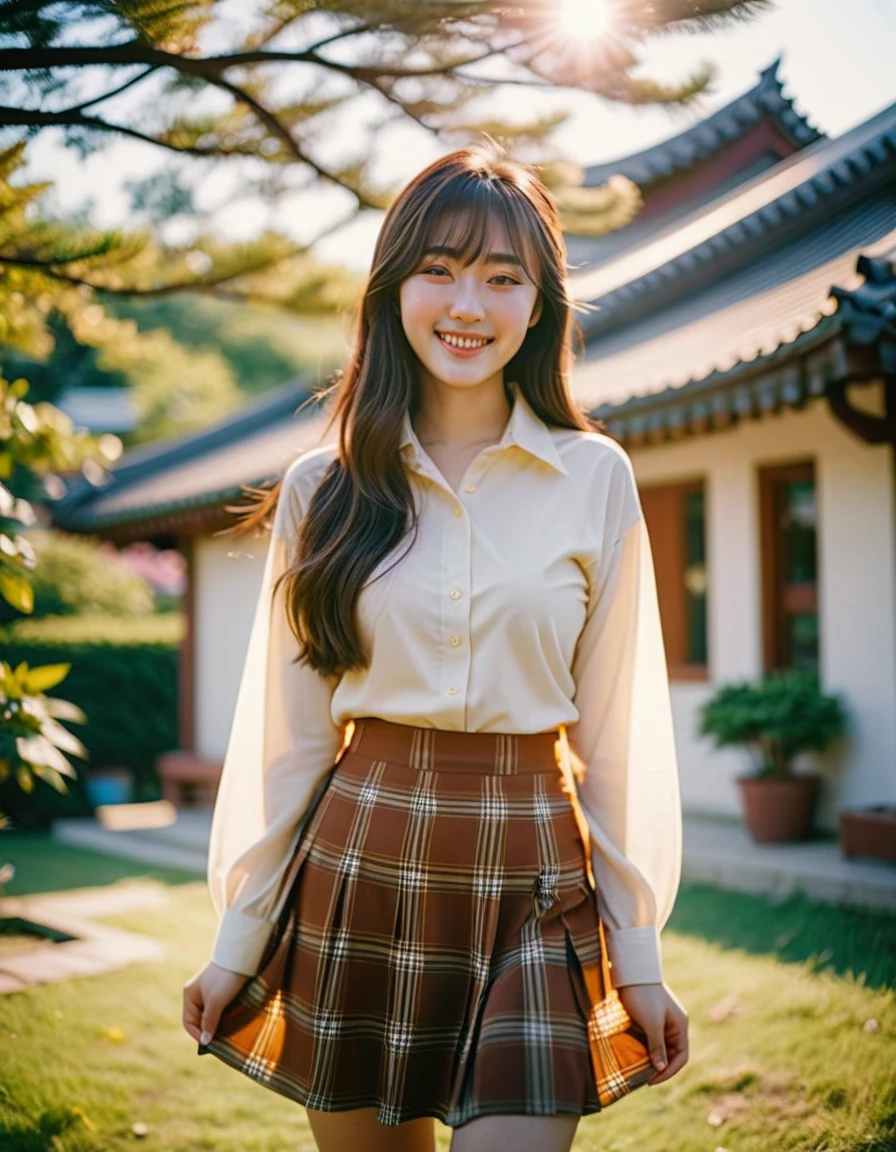 Portrait korean Girl look at camera, long bangs hair,shirt,skirt,large ,pose,bokeh,smile, bathed in warm sunlight, analog  photo, Kodachrome,full body,standing