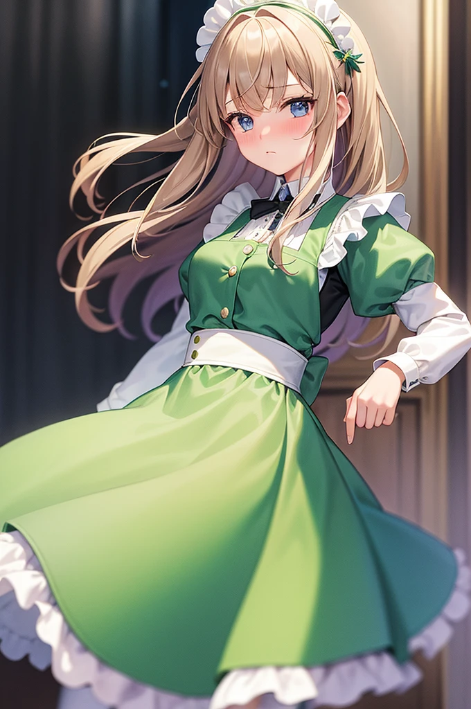 masterpiece, best quality,1girl, solo,whtie hair,medium hair,blue eyes,long sleeves,juliet sleeves,apron,maid,maid headdress,puffy sleeves,green dress,vest,buttons, white thighhighs,standing, looking at viewer, nose blush,