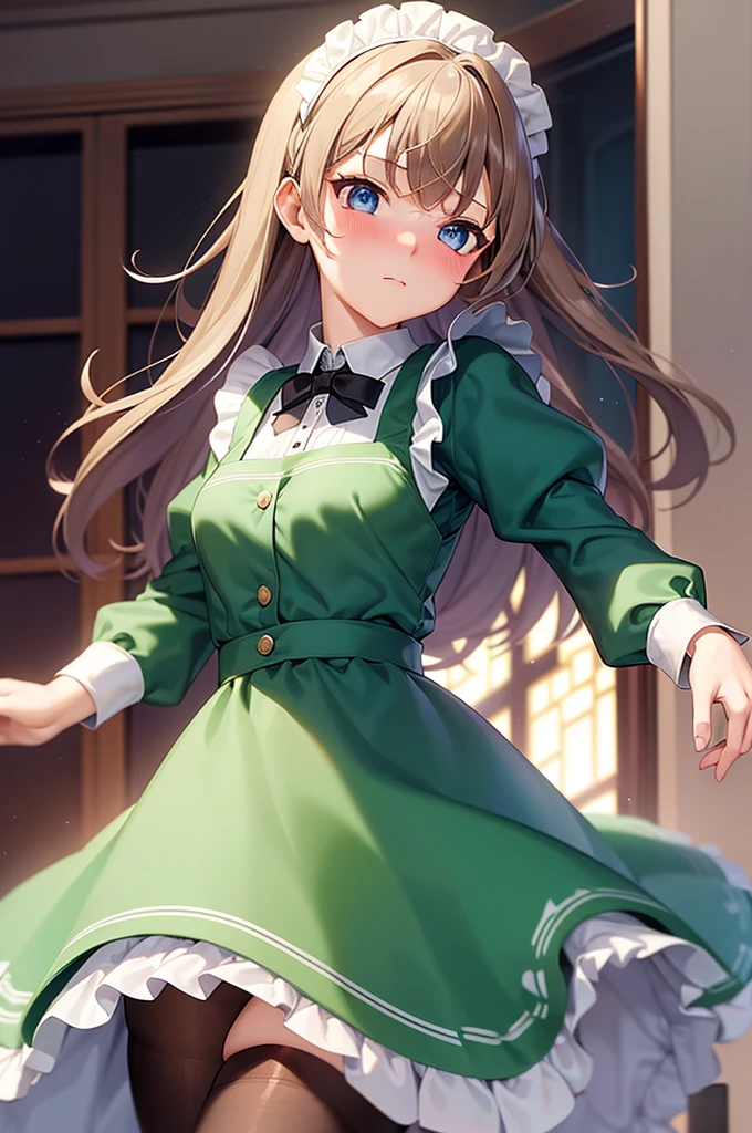 masterpiece, best quality,1girl, solo,whtie hair,medium hair,blue eyes,long sleeves,juliet sleeves,apron,maid,maid headdress,puffy sleeves,green dress,vest,buttons, white thighhighs,standing, looking at viewer, nose blush,