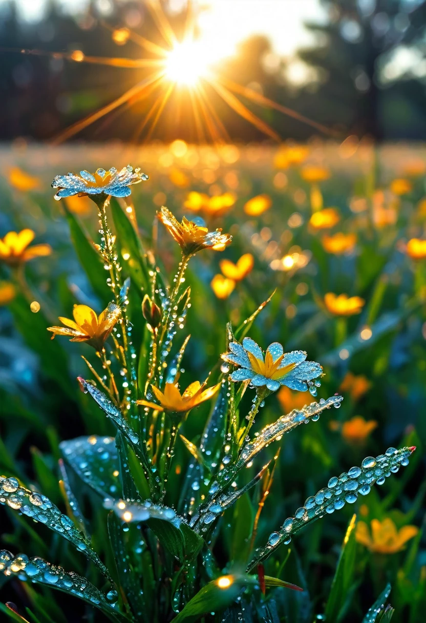 The first rays of sunlight in the morning,Dew on flowers,(sunrise),Beautiful picture,HD Wallpapers