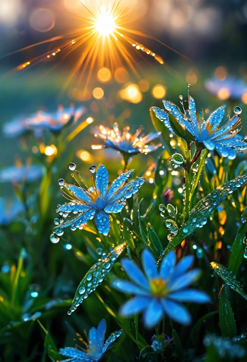 The first rays of sunlight in the morning，Dew on flowers，(sunrise)，Beautiful picture，HD Wallpapers