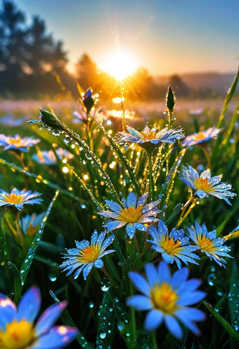 The first rays of sunlight in the morning，Dew on flowers，(sunrise)，Beautiful picture，HD Wallpapers