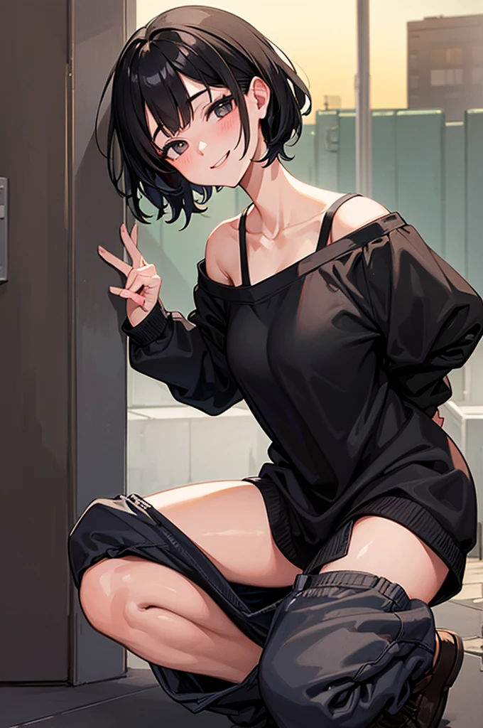 ((Masterpiece)), 1 girl, short black hair, oversized black sweatshirt, clear skin, smiling, squinted eyes