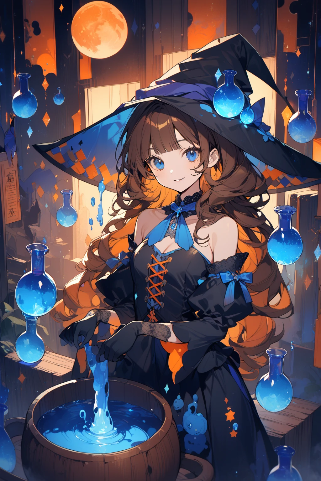 1 girl, CuteStyle, upper body, blue eyes, brown hair, long hair with bangs, witch hat, witch costume, bare shoulders, separate sleeves, neckline, neckline, black gloves, short black mini dress, black stockings, bulging skin from stockings, looks at the viewer, sly smile, sly look, indoors, a cauldron with blue liquid, many flasks, orange-blue lighting, night outside, full blue moon, diamond walls, dark, dust motes flying in the air, detailed, beautiful, delicate tones