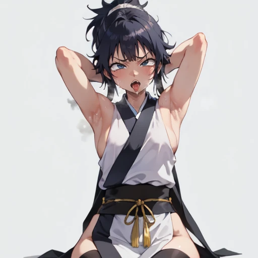 1girl, (ahegao), (masterpiece:1.3), (high resolution), (8K), (extremely detailed), (4k), (pixiv), perfect face, nice eyes and face, (best quality), (super detailed), detailed face and eyes, (solo), textured skin, absurdres, highres, wzkomachine, white eyes, large breasts, sash, bike shorts, short sleeves, bangs, black gloves, fingerless gloves, long hair, black hair,ponytail, japanese clothes, kimono, sitting on floor, looking at viewer,Nipple exposure,Sexy, flirtatious, Solitary, Side breast,eternity, - Hip vents, No underwear,Small Breasts, No eyeballs, Also available in black, low twin braids,Facing the audience, looking at the audience, tired, from below, (Exposed armpit:1.1), ((armpit:1.2)), sexy, Sweating, More and more sweat,(ahegao), (Roll your eyes), Naughty face, blush, open mouth, Sticking out tongue, saliva, Slobber,Skinny, raise arms, (arms above head:1.5)