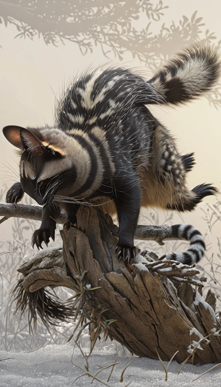 Looks like a civet cat,Long hair on the head,Mysterious Creatures, shrike, (best quality,4K,8K,High level,masterpiece:1.2),Ultra Detailed,(lifelike,Photo real,Photo real:1.37),Highly detailed animals,Complex patterns,Realistic lighting,Fantasy Creatures