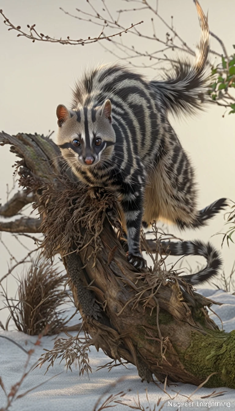 Looks like a civet cat，Long hair on the head，Mysterious Creatures, shrike, (best quality，4K，8K，High level，masterpiece：1.2），Ultra Detailed，（lifelike，Photo real，Photo real：1.37），Highly detailed animals，Complex patterns，Realistic lighting，Fantasy Creatures