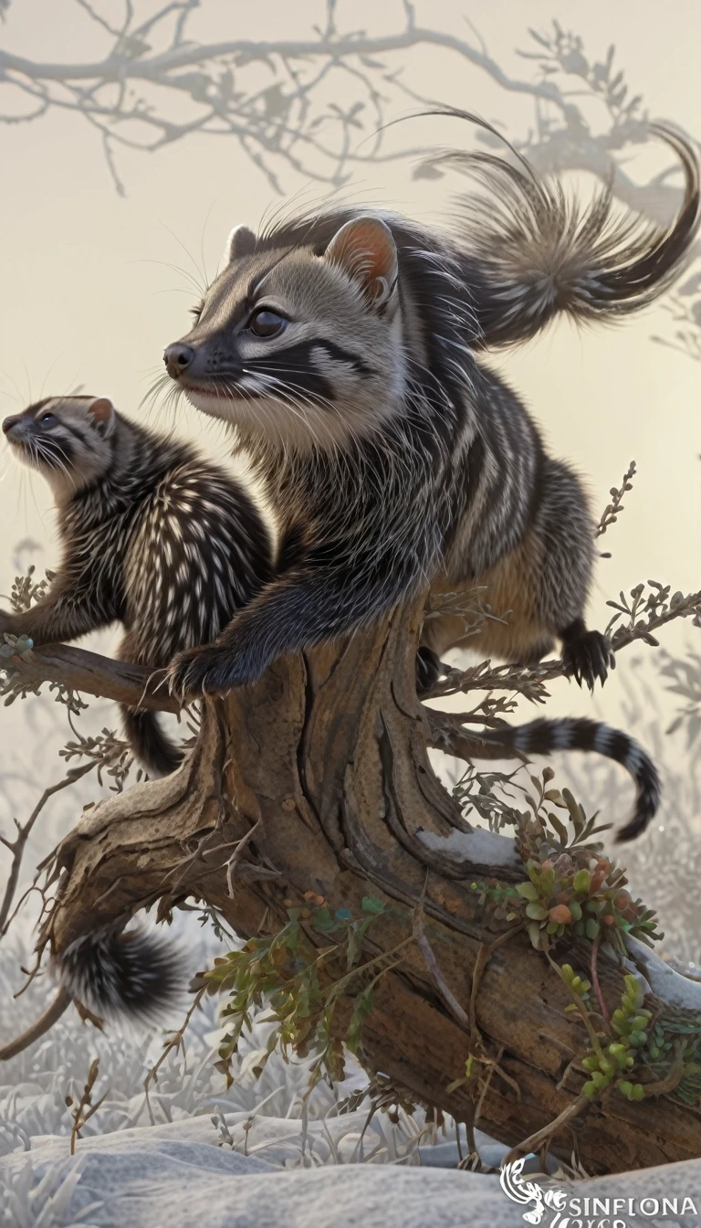Looks like a civet cat,Long hair on the head,Mysterious Creatures, shrike, (best quality,4K,8K,High level,masterpiece:1.2),Ultra Detailed,(lifelike,Photo real,Photo real:1.37),Highly detailed animals,Complex patterns,Realistic lighting,Fantasy Creatures