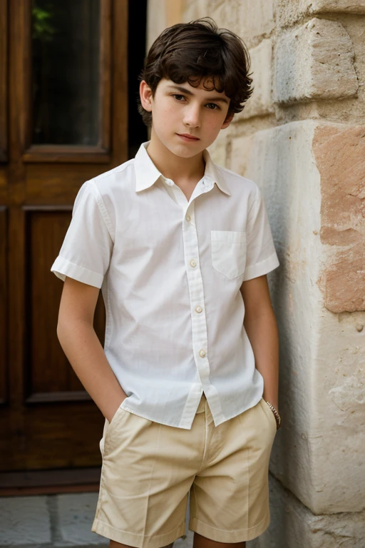 ((best quality)), ((masterpiece)), (Detailed), 12 year old Italian boy, chemise, short pants, pretty, sweet