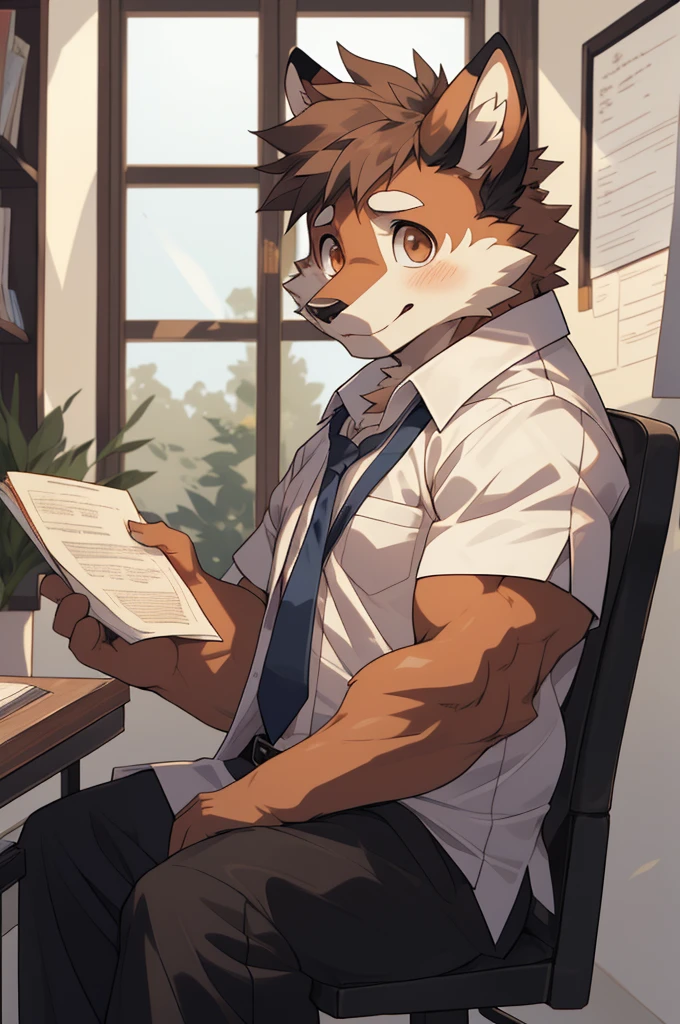 (highest resolution, Dynamic HDR, 4K, full HD) , furry, About 30 years old, หมาป่าขนbrown, ตัวbrown, brown_eyes, Random clothes, A little embarrassed, shrink, upper body, round_cornea ,muscle ,Professor ,teacher ,Big one