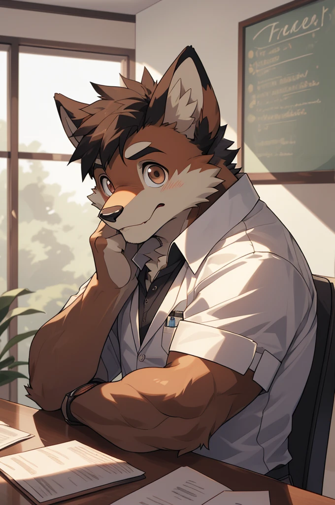 (highest resolution, Dynamic HDR, 4K, full HD) , furry, About 30 years old, หมาป่าขนbrown, ตัวbrown, brown_eyes, Random clothes, A little embarrassed, shrink, upper body, round_cornea ,muscle ,Professor ,teacher ,Big one
