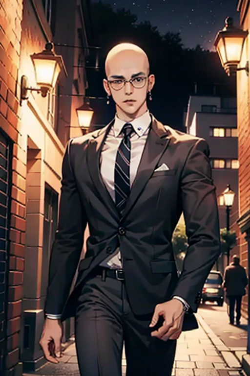 Baldhead,male,Red pupil,Glasses,earrings,Showing chest muscles,Tattoo,suit,trousers,walk,night