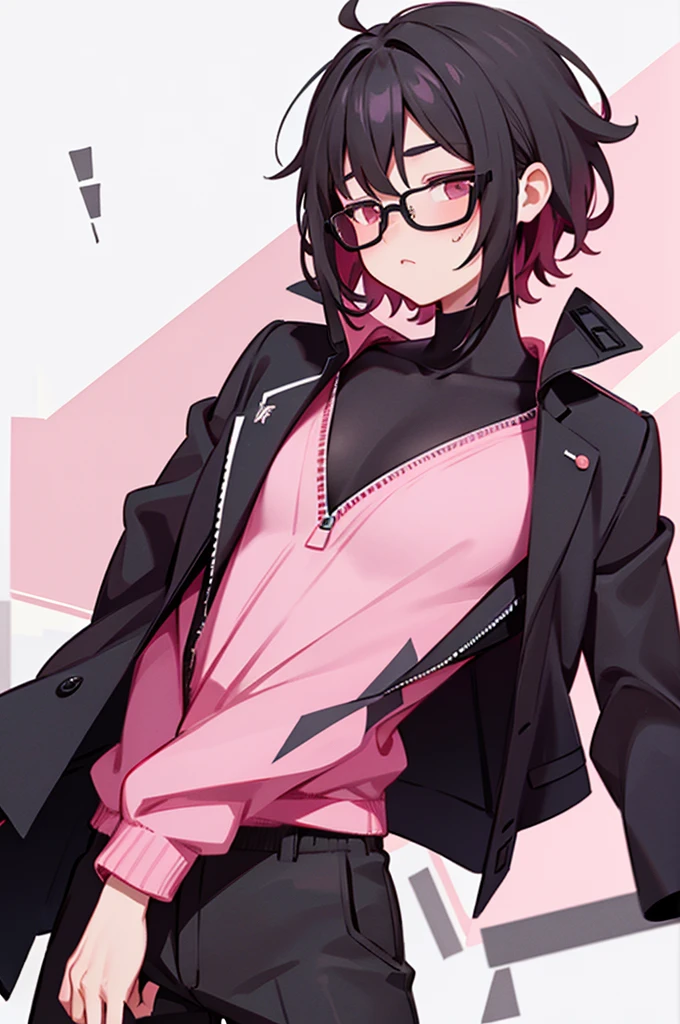 black pants, Sharp image, man, Black hair with pink ends, wearing a pink jacket. , has a dull, bored face, wears round glasses, has short, neat hair,