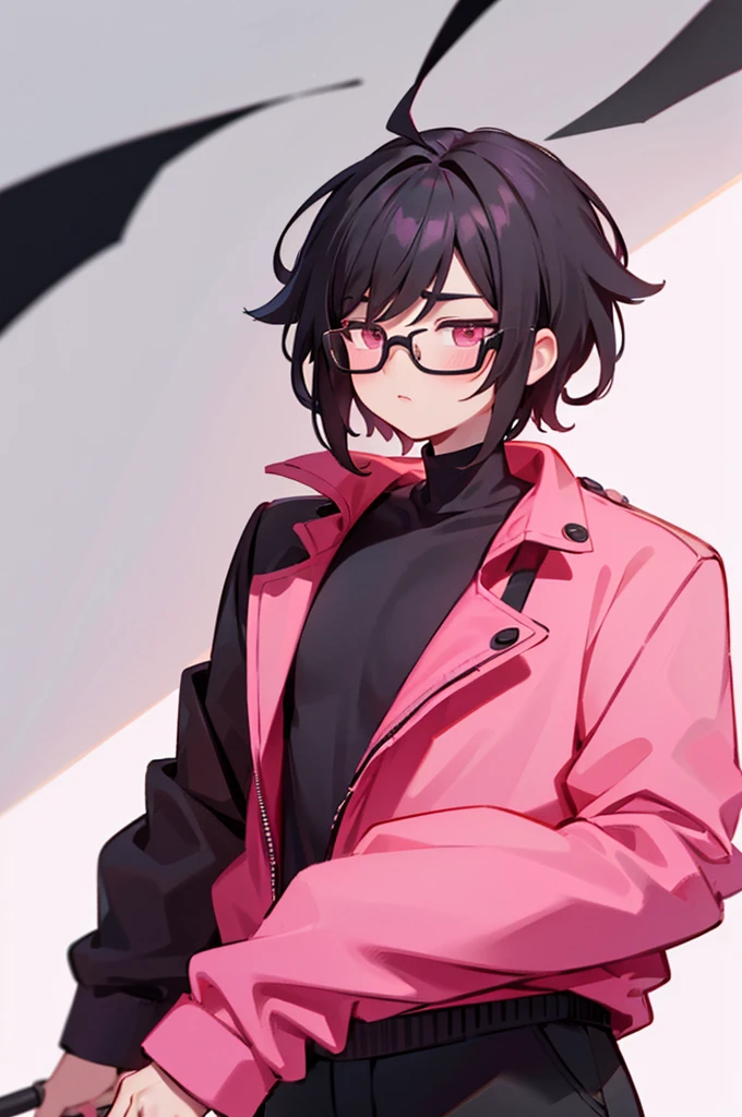 black pants, Sharp image, man, Black hair with pink ends, wearing a pink jacket. , has a dull, bored face, wears round glasses, has short, neat hair,