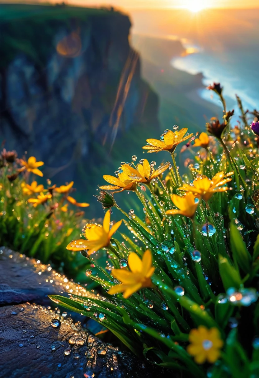 The first rays of sunlight in the morning，Dew drops on flowers on the cliff，(sunrise)，Beautiful picture，HD Wallpapers