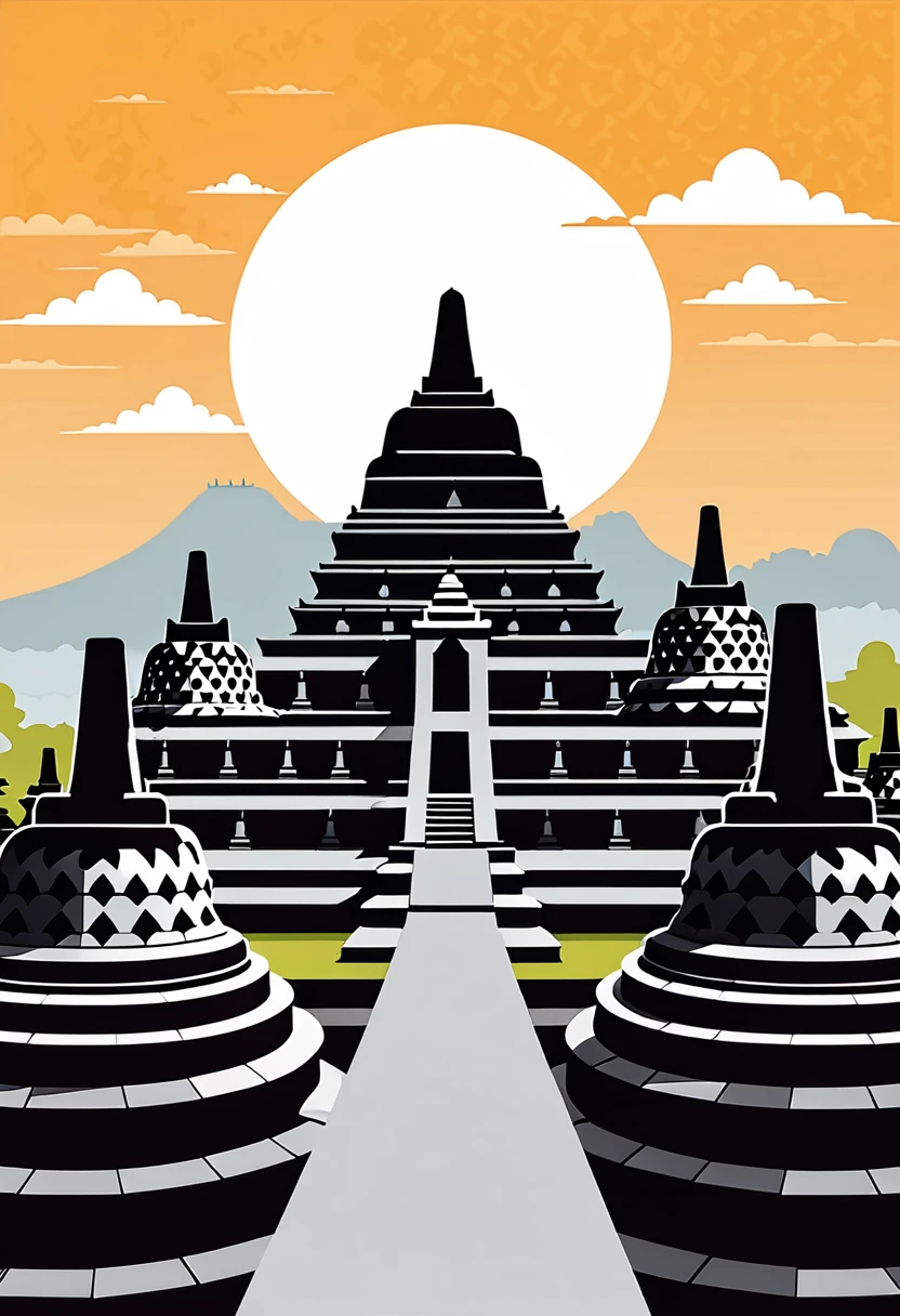 flat vector illustration of borobudur tample, clear off background, minimalistic, clean lines, adobe illustrator