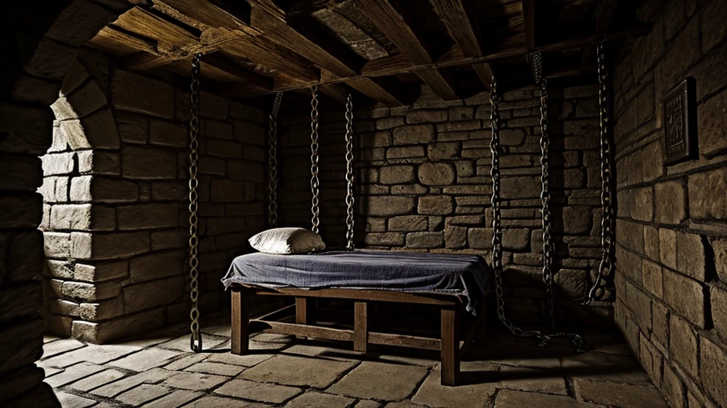 a medieval cell, a chained man passed out, cold cell with chains and handcuffs, the walls are made of stone and the atmosphere is calm and gloomy, dungeon, mold on the walls, sinister environment,