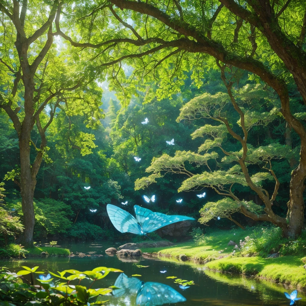 Best quality,4k,8k,highres,masterpiece:1.2,ultra-detailed,realistic,photorealistic:1.37,fantasy background,blue bird perched on a tree,monogram art,illustration,exquisite details,nature elements,butterflies flying,whimsical atmosphere,magical lighting,vibrant colors,peaceful and tranquil setting,water reflections,ethereal mood,breathtaking scenery,lush vegetation,hidden pathways,fairy tale-like,soft and dreamy tones,subtle textures,warm sunlight filtering through the trees,enchanted forest,serene atmosphere,expansive sky with wispy clouds,thick foliage,lively and intricate patterns,delicate brushstrokes,stunning composition,surreal elements,depth and perspective,meticulous craftsmanship,sublime beauty
