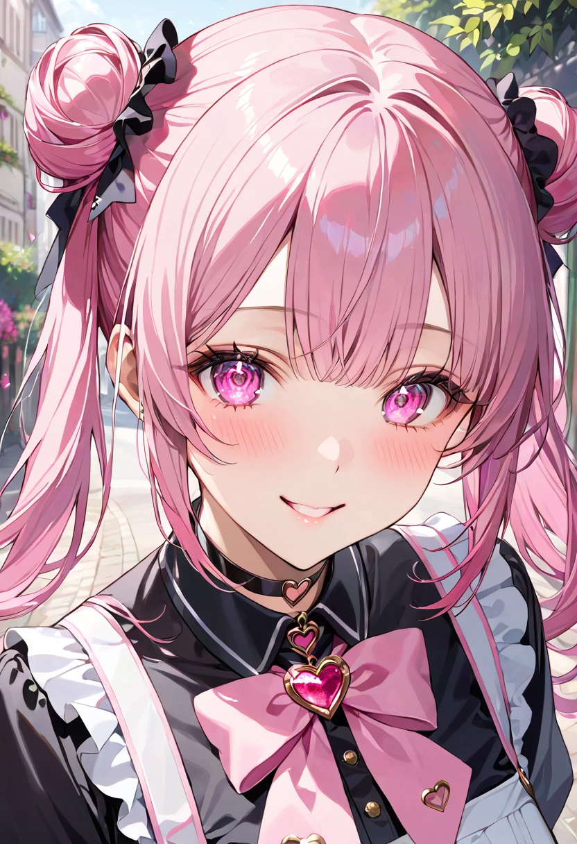 masterpiece, best quality, ultra detailed, sparkling eyes, beautiful detailed eyes, A close-up portrait of a young woman with pink hair styled in twin buns. She has large, bright pink eyes with a playful and confident smile. Her cheeks are lightly blushed, and she has a small beauty mark under her left eye. She is wearing a dark uniform-like outfit with pink accents, including a pink heart-shaped badge and a pink belt. She has a black choker with a heart-shaped charm. The background is a lively city street with flowers and greenery. The overall atmosphere is cheerful and vibrant, with natural sunlight illuminating the scene.