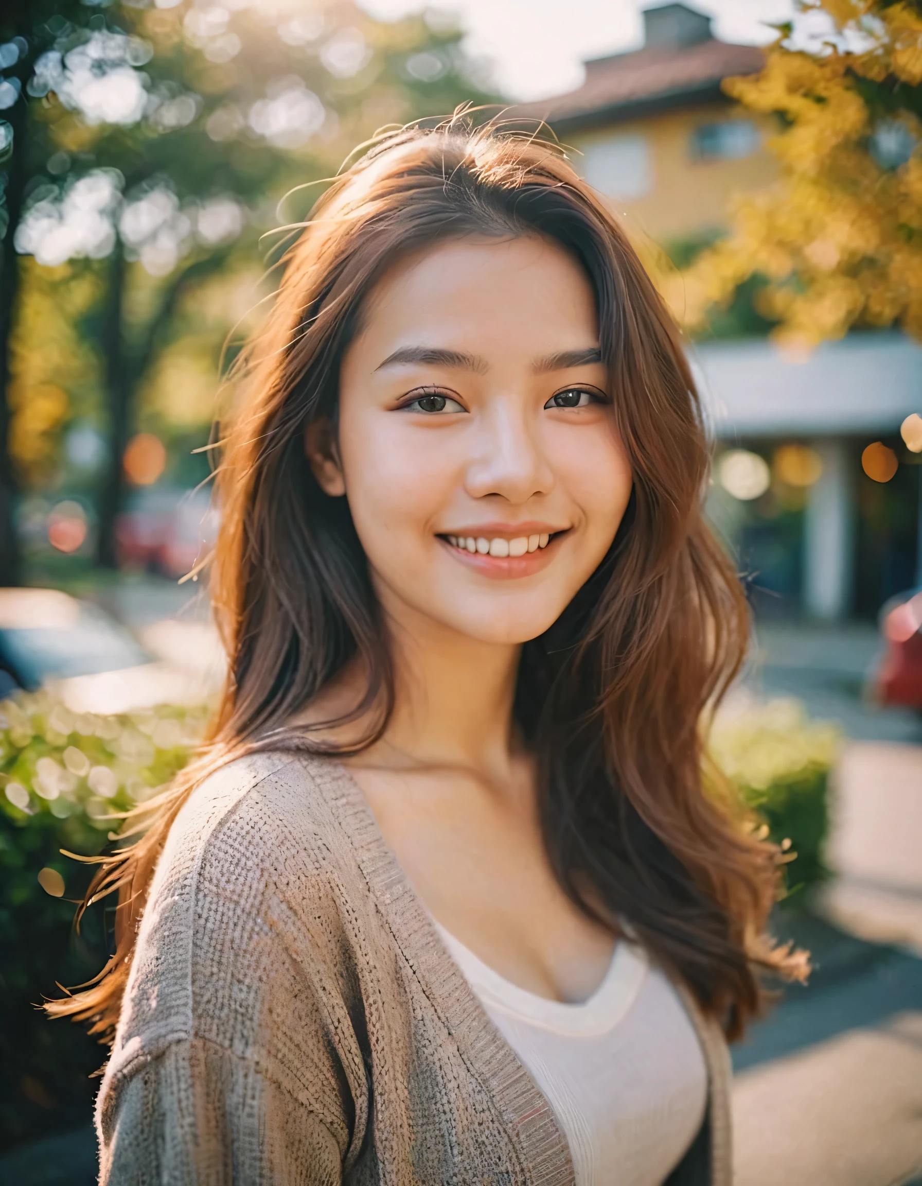 Portrait MagMix Girl look at camera, long hair,casual outfit,large breasts,pose,bokeh,smile bathed in warm sunlight, analog film photo, Kodachrome.
