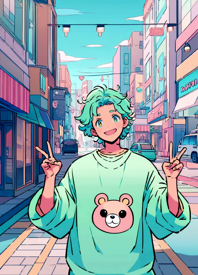 Create a digital illustration of a cheerful boy standing in the middle of a bustling city street. He is wearing a loose, oversized light green sweater with cute heart and bear designs on it. His hair is styled in a messy, tousled look. The boy is making a peace sign with both hands and smiling widely. The background should depict a lively urban scene with tall buildings, storefronts, and cars on the road, using pastel colors and light tones. The overall art style should be light and whimsical, with a focus on soft green and pastel hues to match the boy's outfit and the cityscape.