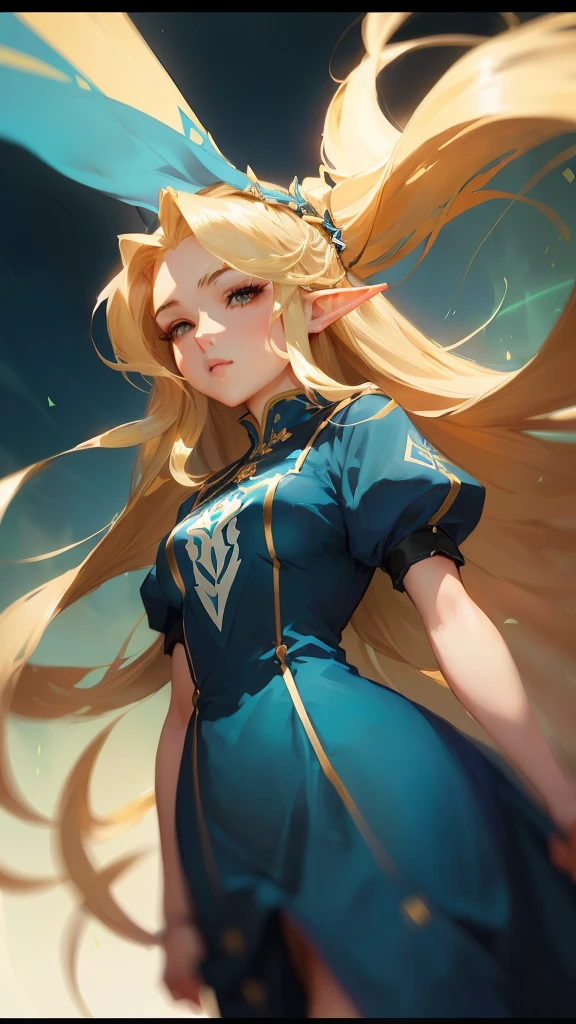 anime - style image of a woman with long blonde hair and a blue dress, portrait knights of the zodiac girl, extremely pointy medium breasts, wide hip, thick-thighs, portrait of zelda, artgerm and atey ghailan, 极其详细的Artgerm, cushart krenz arte chave feminino, artgerm no artstation pixiv, elf girl, ! artgerm dream, style artgerm