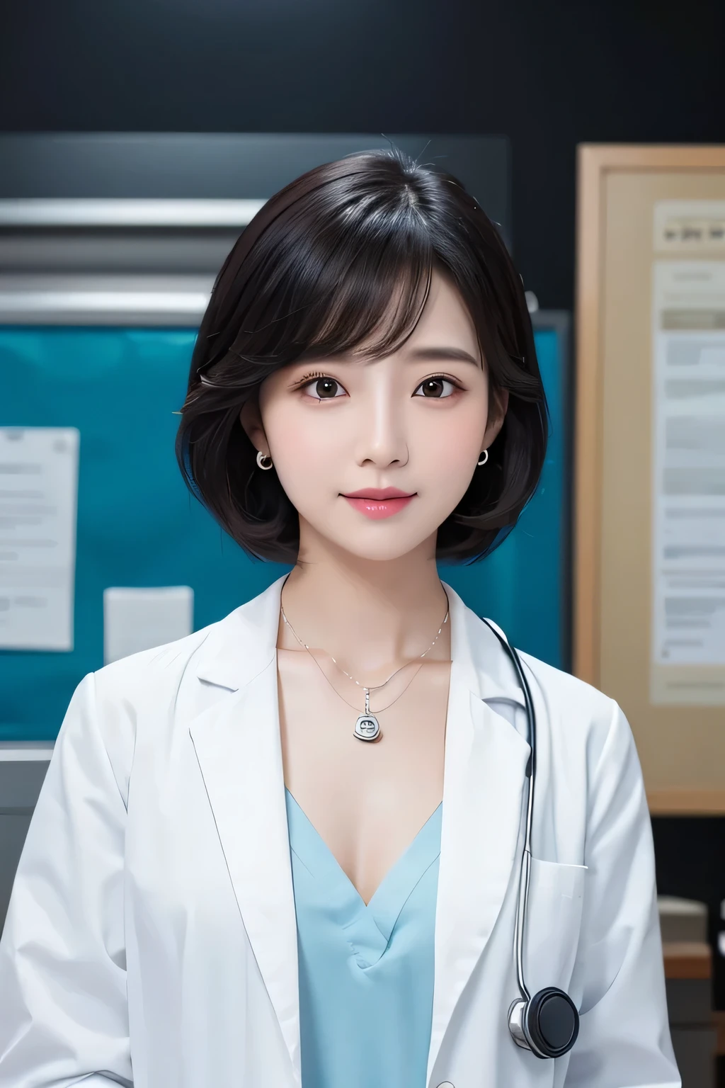 Beautiful young woman、 Korean women、Black Hair、Necklace around the neck、White、Doctor's clothing、Stethoscope、Wavy Hair、short hair、Intricate details, Very detailed:1.2), 、 Looking into the camera,The background is the inspection room..、ear piercing
