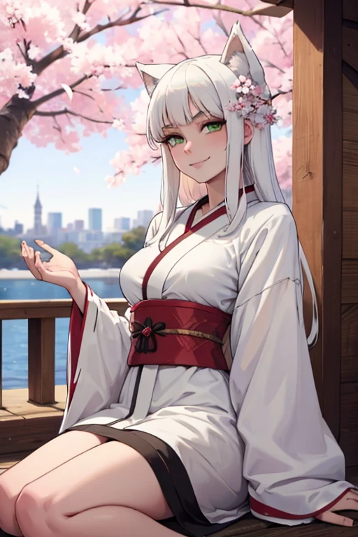 A young white haired wolf woman with green eyes and white wolf ears and a white wolf tail in a prettty kimono is smiling underneath a flurry of cherry blossoms. 