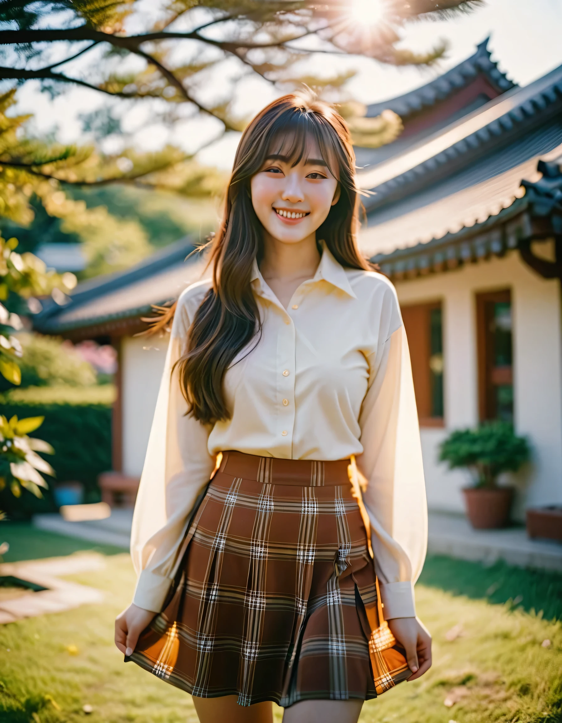 Portrait korean Girl look at camera, long bangs hair,shirt,skirt,large breasts,pose,bokeh,smile, bathed in warm sunlight, analog film photo, Kodachrome,full body,standing