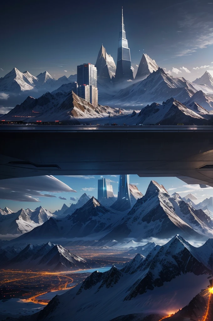 Skyscrapers,100 times the height of the building,Huge glacial mountain,背の高いSkyscrapers,Different world,SF,cyber punk,Best Quality,8K,Future City,Masterpiece,Dream world,夢のFuture City,romantic,perfection,A world beyond imagination,Utopia,Great Heaven