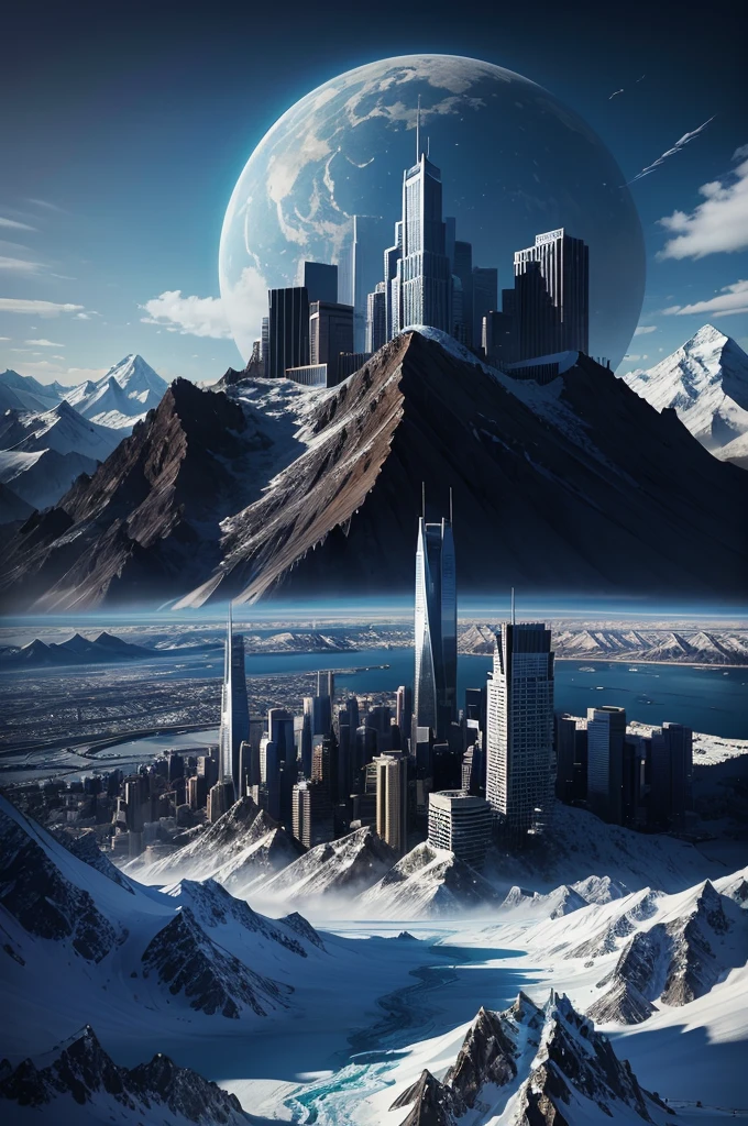 Skyscrapers,100 times the height of the building,Huge glacial mountain,背の高いSkyscrapers,Different world,SF,cyber punk,Best Quality,8K,Future City,Masterpiece,Dream world,夢のFuture City,romantic,perfection,A world beyond imagination,Utopia,Great Heaven