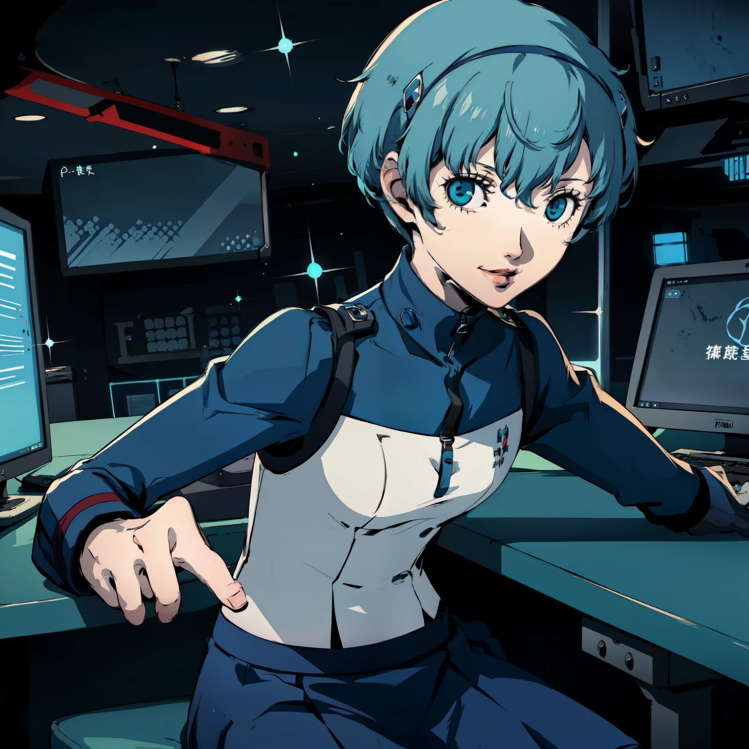 ((P3 Yamagishi Fuuka)),masterpiece, ((best quality)),((1 girl)), blue eyes, light aqua hair, female , tomboy Pixie haircut, deep blue suit,smiling,hacker,in the,dark room,sitting,looking monitor,long skirt,cute
