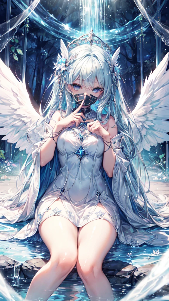 ((masterpiece, sidelighting, finely detailed beautiful eyes: 1.2)), ultra-detailed, ultra high res, professional lighting, high quality makeup, beautiful detailed eyes, sexy, beautiful, big eyes, (drooping eye:1.2), seraph, solo, alone, slender body, (Circle of Angels:1.1), (Angel Wings:1.1), blue sapphire eyes, wide sleeves, outdoors, forest, full body, highest quality, ultra detailed, Soft light, (rime:1.3), Extremely cute, (extremely detailed beautiful face), Authentic skin texture, beautiful hair, beautiful face, beautiful eyes, beautiful body, beautiful hands