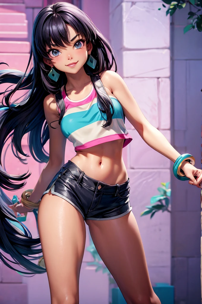 Sweet adorable and alluring anime girl wearing sexy shorts and midriff tanktop 