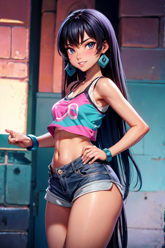 Sweet adorable and alluring anime girl wearing sexy shorts and midriff tanktop 