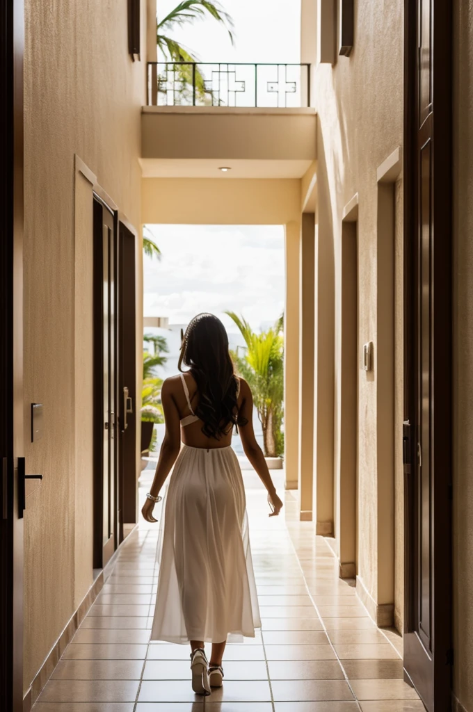 Beautiful Hispanic model walking into hotel view from back 